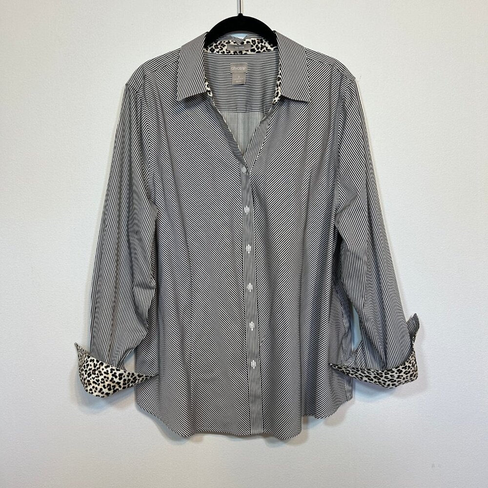 Chicos Black & White Striped Blouse with leopard detailing Size 3